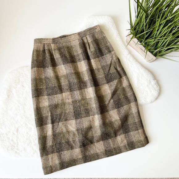 Vintage Westchester Sport Wool Plaid Midi Pleated Pencil Skirt Green Tan Size 8 - Picture 1 of 6